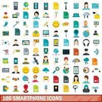 100 smartphone icons set, flat style vector