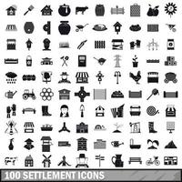 100 settlement icons set, simple style vector