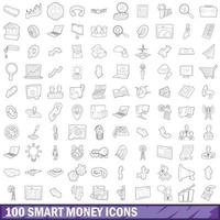 100 smart money icons set, outline style vector