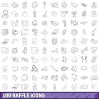 100 raffle icons set, outline style vector