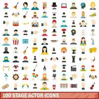 100 stage actor icons set, flat style vector