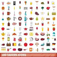 100 tavern icons set, flat style vector