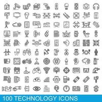 100 technology icons set, outline style vector