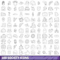 100 conjunto de iconos de sociedad, estilo de esquema vector