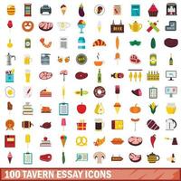 100 tavern essay icons set, flat style vector