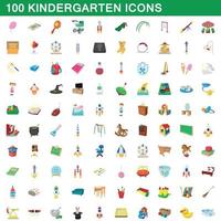 100 kindergarten icons set, cartoon style