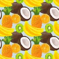 Seamless pattern with tropical fruits with banana, pineapple, kiwi, coconut, orange on a blue background vector
