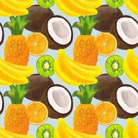 Seamless pattern with tropical fruits with banana, pineapple, kiwi, coconut, orange on a blue background vector