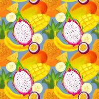 Seamless pattern with tropical fruits with mango, banana, pineapple, pitahaya, passion fruit on a blue background vector