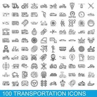 100 transportation icons set, outline style vector