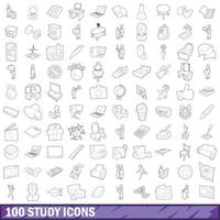 100 study icons set, outline style