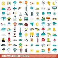 100 weather icons set, flat style vector