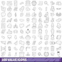 100 value icons set, outline style vector