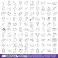 100 troops icons set, outline style vector