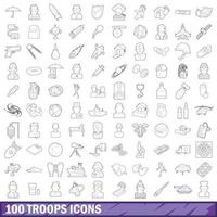 100 troops icons set, outline style vector