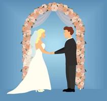 Happy cute newlywed couple standing against floral arch. Adorable bride and groom isolated on blue background. Flat cartoon colorful vector illustration