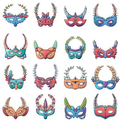 Victory masquerade icons set, cartoon style