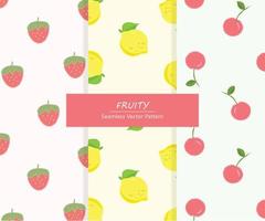 Set of colorful fruits seamless repeat patterns. Strawberry, lemon, and cherry vector pattern. Fruit illustration print