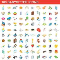 100 babysitter icons set, isometric 3d style vector