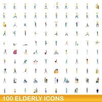 100 elderly icons set, cartoon style