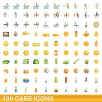 100 iconos de cuidado, estilo de dibujos animados vector