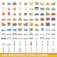 100 conjunto de iconos de arquitectura, estilo de dibujos animados vector