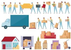 Moving house services icons set cartoon vector. Storehouse box vector