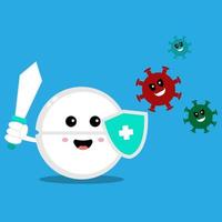 strong tablet guardian with sword and shield fight with bacteria microorganism virus. Vector cartoon character