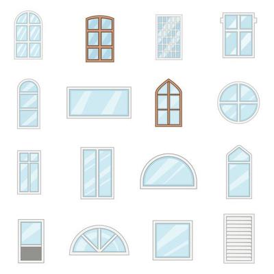 Window design types icons set, cartoon style