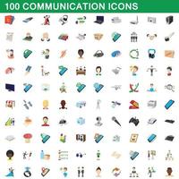 100 communication icons set, cartoon style vector