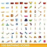100 bathing icons set, cartoon style