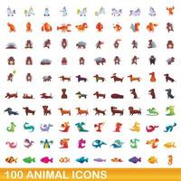 100 animales, conjunto de iconos de estilo de dibujos animados vector