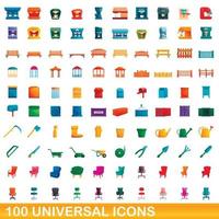 100 universal icons set, cartoon style vector