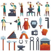 Blacksmith icons set, cartoon style vector