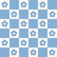 patrón sin costura monocromo de tablero de ajedrez con flores azules en forma geométrica. Fondo de vector colorido en estilo retro 60s, 70s.