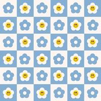 Retro checkerboard groovy seamless pattern with smiling flowers on a white blue background. Cute colorful trendy vector illustration in style 70s, 80s