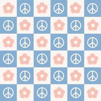 Checkerboard seamless pattern with geometric shaped flowers and peace symbols. Trendy vector background in retro style 60s, 70s. Pastel colors