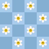 Retro checkerboard groovy seamless pattern with smiling flowers on a blue background. Cute colorful trendy vector illustration in style 70s, 80s