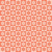 Checkerboard monochrome seamless pattern with red geometric shaped flowers. Colorful vector background in retro style 60s, 70s.