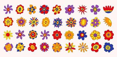 Big retro collection of colorful hippie flowers. Vintage festive groovy botanical design. Trendy vector illustration in 70s and 80s style.