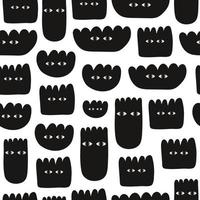 Abstract minimal seamless pattern with black various strange flowers. Trendy hand drawn fictional characters isolated on a white background vector