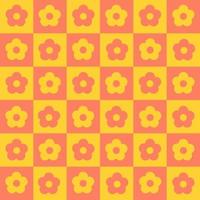 Checkerboard bright seamless pattern with geometric shaped flowers in yellow red colors. Colorful vector background in retro style 60s, 70s.