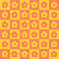 Checkerboard bright seamless pattern with geometric shaped flowers in yellow red colors. Colorful vector background in retro style 60s, 70s.