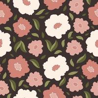 Stylish beautiful seamless pattern with abstract flowers on dark background. Vector floral print design in vintage hand drawn style