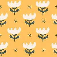 Abstract colorful hand drawn seamless pattern with flowers on a yellow background. Trendy infantile naive style art. Vector illustration