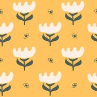 Abstract colorful hand drawn seamless pattern with flowers on a yellow background. Trendy infantile naive style art. Vector illustration