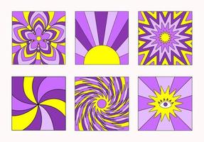 Trendy colorful set of square retro psychedelic backgrounds in style 60s, 70s. Abstract set hippie cards in yellow and purple colors. Vector illustration