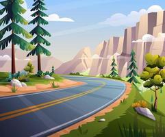 Mountain road landscape illustration. Nature highway with rocky cliff view background vector