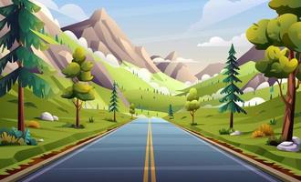 Asphalt road in mountain valley landscape illustration. Nature highway through meadow and trees cartoon background vector