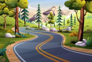Mountain road landscape illustration. Nature highway through trees and meadow cartoon background vector